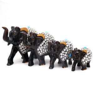 Likla Meenakari Handmade Wooden Elephant Showpiece Set of 4 (Blue)
