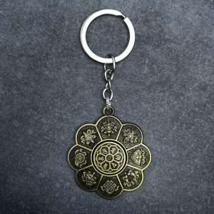 Likla Tibetan Keychain with 8 Lucky Signs and Revolving Om Mani Padme Hum (Golden Color)