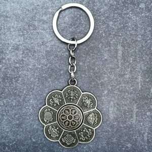 Likla Tibetan Keychain with 8 Lucky Signs and Revolving Om Mani Padme Hum(Gun Metal Color)